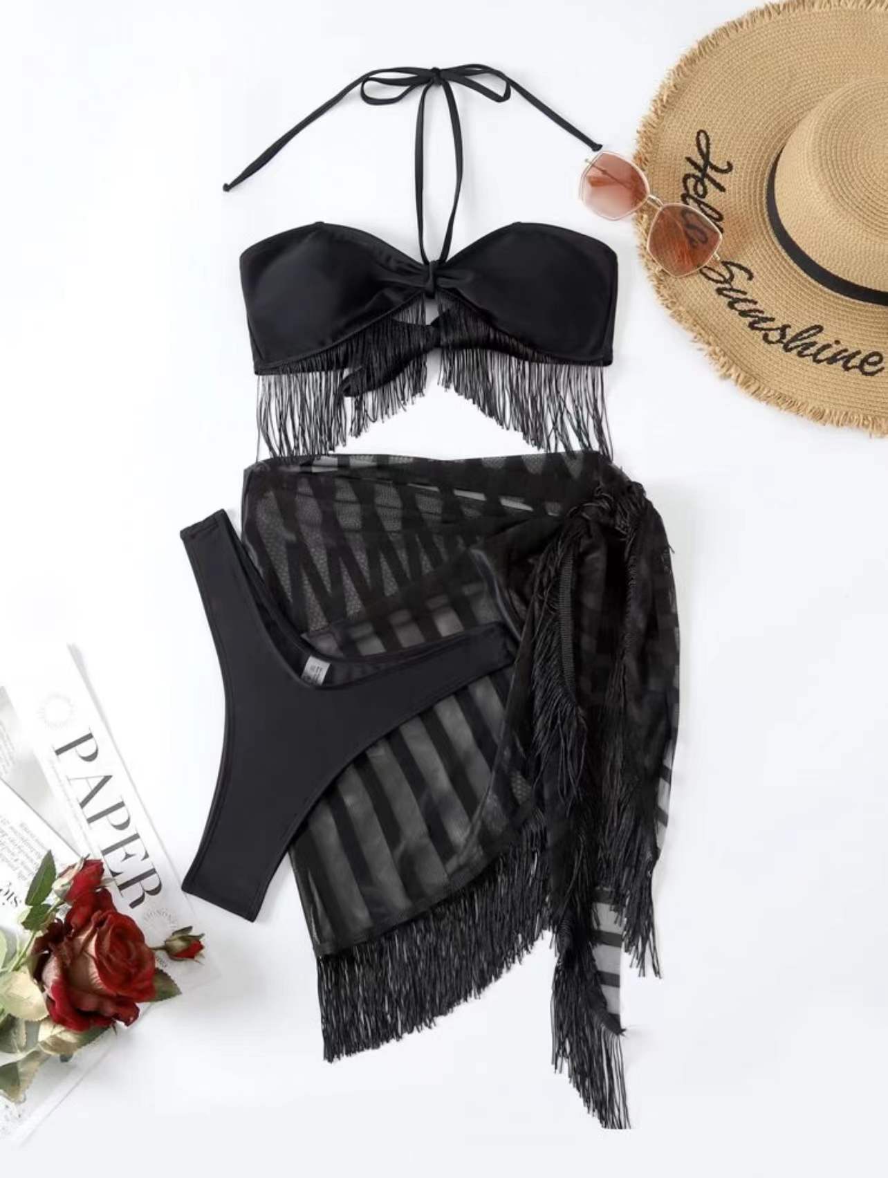 Tassel Tube Top Suspender Mesh Three - piece Set - Aqova