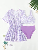 Three Piece Split Swimsuit Cover - Colorful Swimwear for Girls Ages 8 - 12 - Aqova