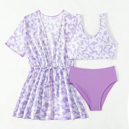 Three Piece Split Swimsuit Cover - Colorful Swimwear for Girls Ages 8 - 12 - Aqova