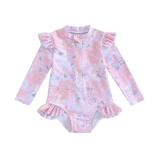 Toddler Girl Floral Print Swimsuit - Ruffle Long Sleeve Bathing Suit - Aqova