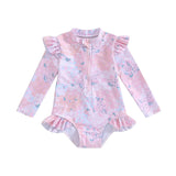 Toddler Girl Floral Print Swimsuit - Ruffle Long Sleeve Bathing Suit - Aqova