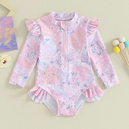 Toddler Girl Floral Print Swimsuit - Ruffle Long Sleeve Bathing Suit - Aqova