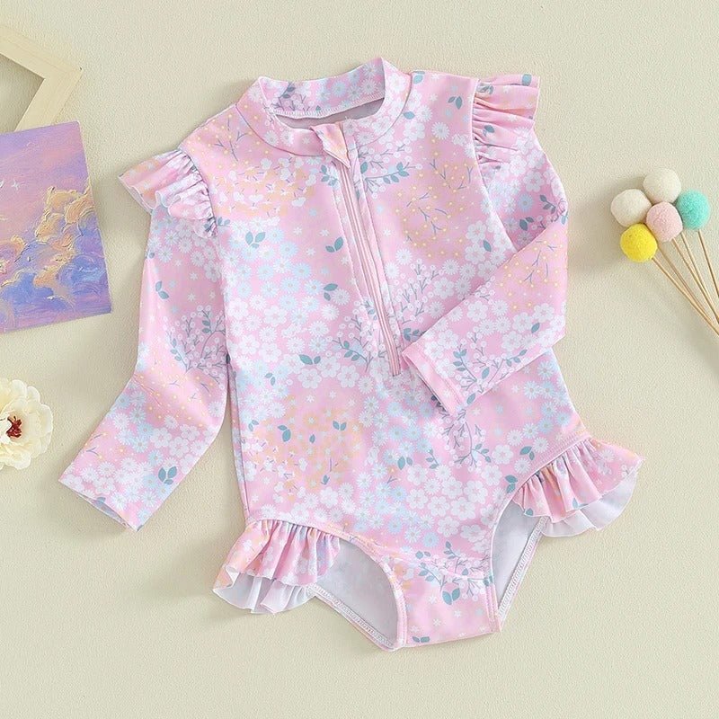 Toddler Girl Floral Print Swimsuit - Ruffle Long Sleeve Bathing Suit - Aqova