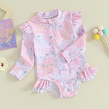 Toddler Girl Floral Print Swimsuit - Ruffle Long Sleeve Bathing Suit - Aqova