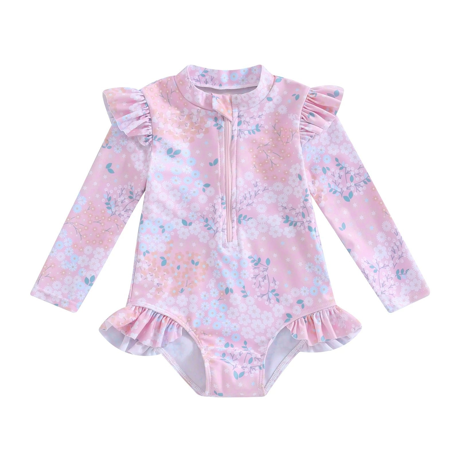 Toddler Girl Floral Print Swimsuit - Ruffle Long Sleeve Bathing Suit - Aqova