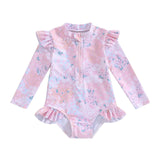 Toddler Girl Floral Print Swimsuit - Ruffle Long Sleeve Bathing Suit - Aqova