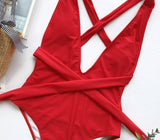 Women’s Deep V Neck Halter Swimsuit - Lace Tie Push Up Bodysuit - Aqova