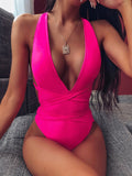 Women’s Deep V Neck Halter Swimsuit - Lace Tie Push Up Bodysuit - Aqova