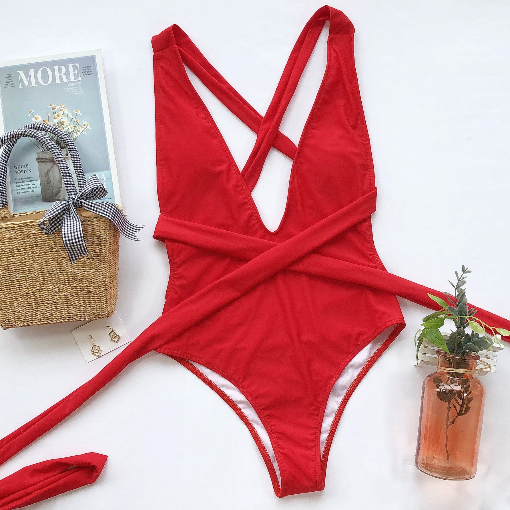 Women’s Deep V Neck Halter Swimsuit - Lace Tie Push Up Bodysuit - Aqova