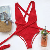 Women’s Deep V Neck Halter Swimsuit - Lace Tie Push Up Bodysuit - Aqova