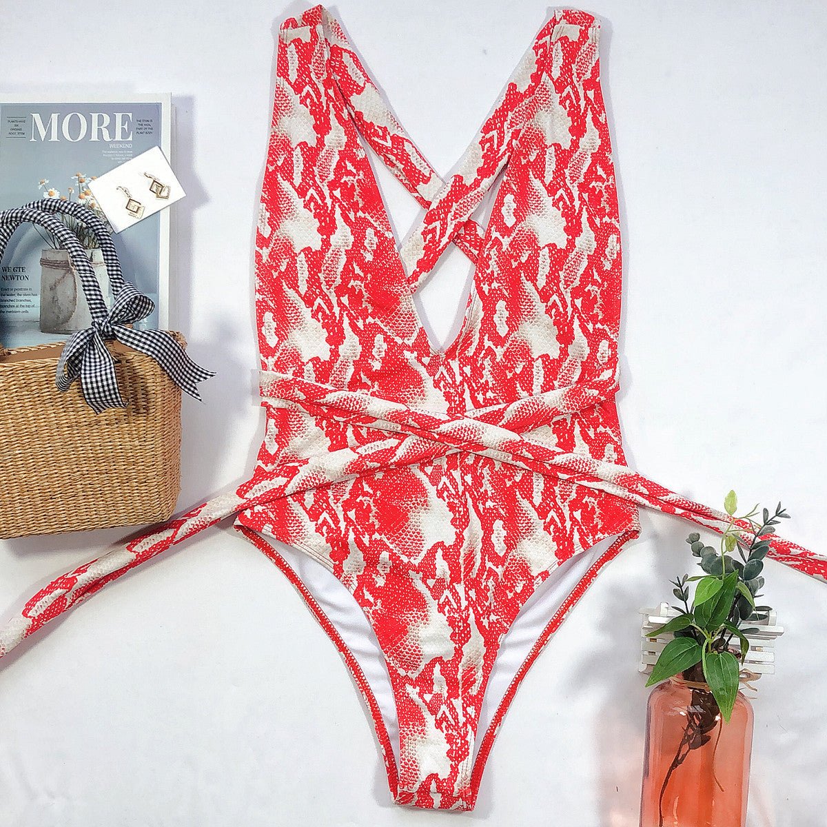 Women’s Deep V Neck Halter Swimsuit - Lace Tie Push Up Bodysuit - Aqova
