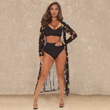 Women's Fashion Mesh Print Swimsuit Three Piece Shawl - Aqova