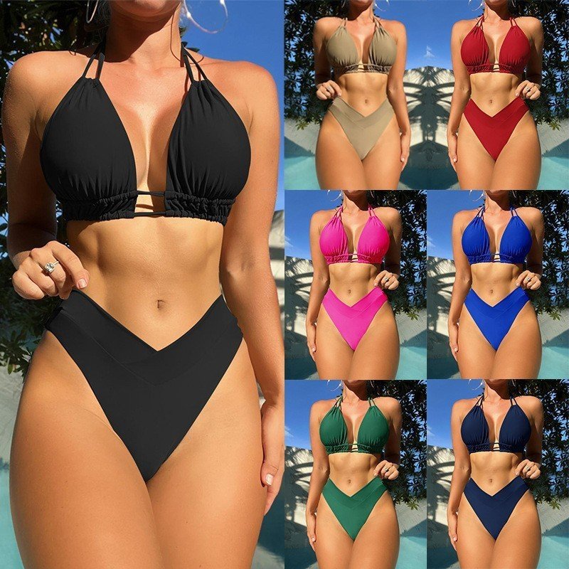 Women's High Elastic Bikini Swimsuit - Comfortable Solid Color Fit - Aqova