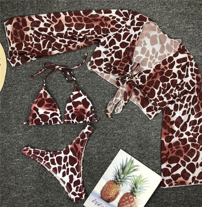 Women's Long Sleeve Leopard Mesh Bikini - Sexy Summer Swimwear Set - Aqova