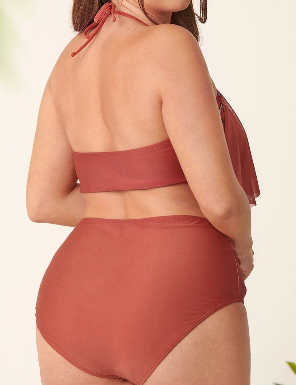 Women's Lotus Leaf Mesh Backless Bikini High Waist Plus Size Swimsuit - Aqova
