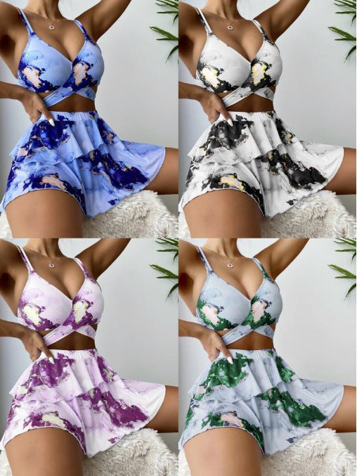 Women's Marble Printed Three - piece Set Bikini - Aqova