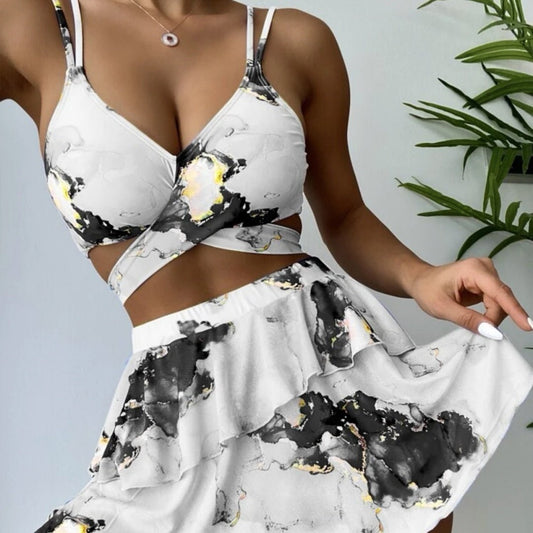 Women's Marble Printed Three - piece Set Bikini - Aqova