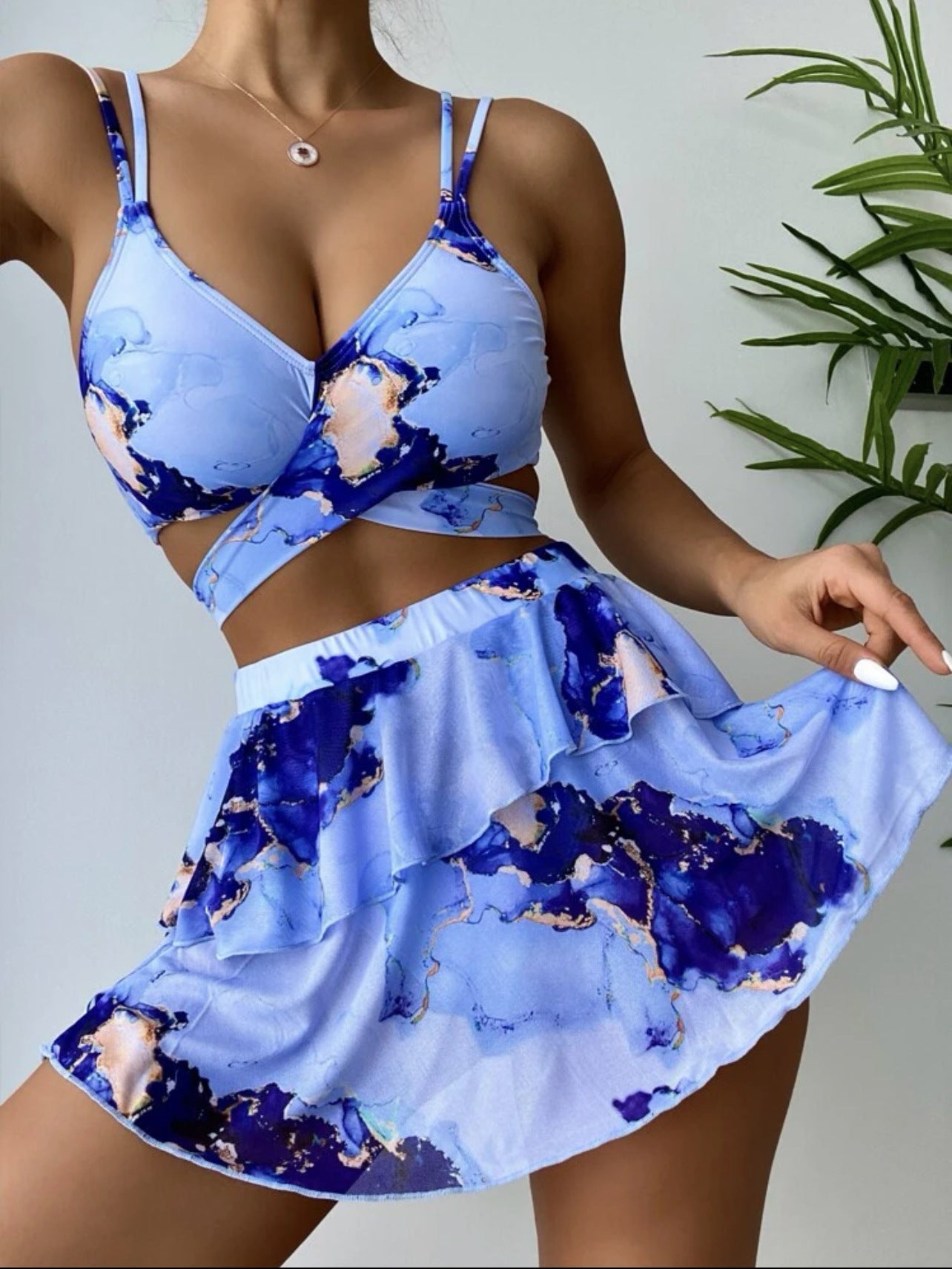 Women's Marble Printed Three - piece Set Bikini - Aqova