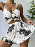 Women's Marble Printed Three - piece Set Bikini - Aqova