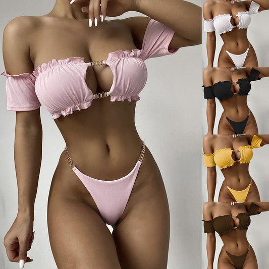 Women's New Solid Color Short Sleeve Bikini Suit - Aqova