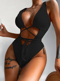 Women's One - Piece Bikini - Solid Color Hollow Straps for Stylish Swimwear - Aqova