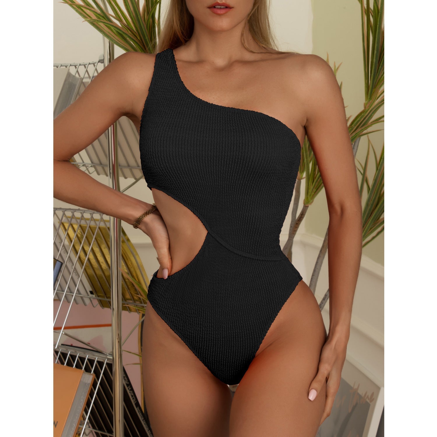 Women's One Piece Solid Color Swimsuit - Stylish One Shoulder Design - Aqova