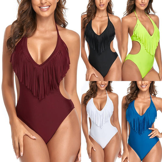 Women's One Piece Triangle One Piece Tassel Swimsuit - Aqova