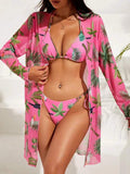 Women's Printed Mesh Three - Piece Swimsuit - Sexy Floral Swimwear - Aqova