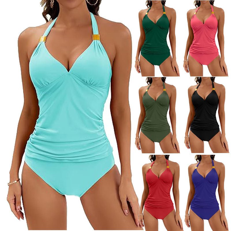 Women's Pure Color Halter Two Piece Swimsuit - Stylish and Comfortable Swimwear - Aqova