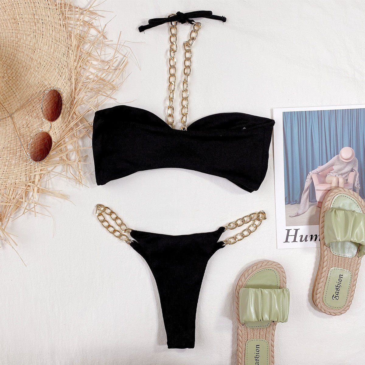 Women's Seperated Swimwear Solid Color Chain Bikini - Aqova