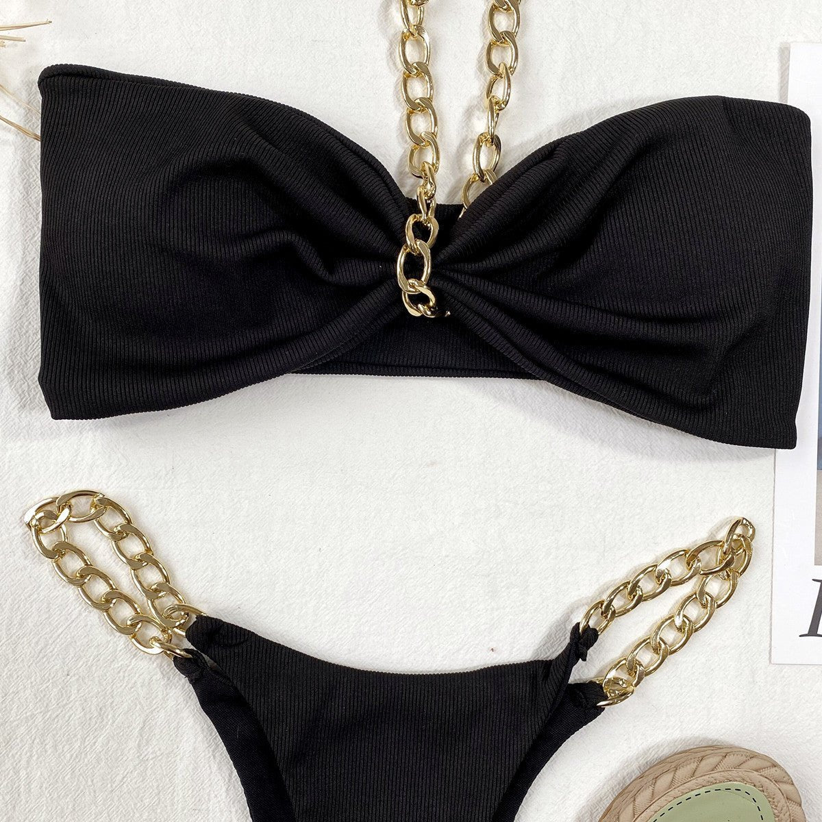 Women's Seperated Swimwear Solid Color Chain Bikini - Aqova