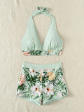 Women's Split High Waist Boxer Tie Print Solid Color Swimsuit - Aqova