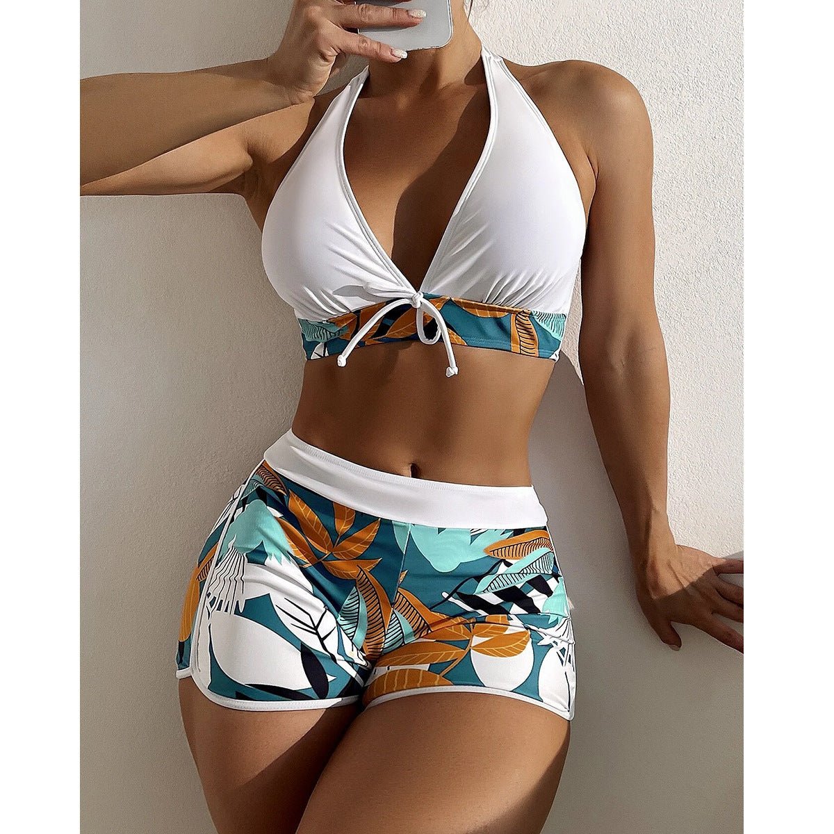 Women's Split High Waist Boxer Tie Print Solid Color Swimsuit - Aqova