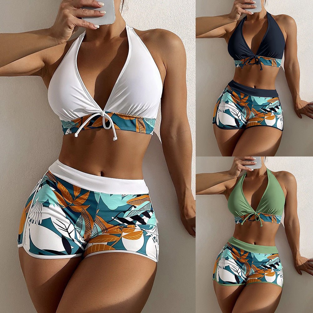 Women's Split High Waist Boxer Tie Print Solid Color Swimsuit - Aqova