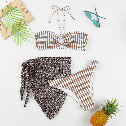 Women's Striped Two - Piece Bikini - Sexy Tube Top Three - Piece Set - Aqova