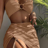 Women's Swimwear Body Solid Color Fashion Halter Three - piece Suit - Aqova