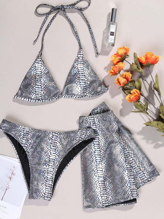 Women's Three Piece Leather Snake Print Swimsuit - Aqova