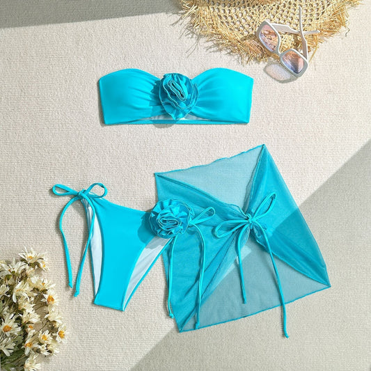 Women's Tube Top Swimsuit with 3D Flower - Stylish Swimwear for Summer - Aqova