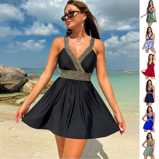 Women's V - Neck Printed Swimsuit Dress - Perfect for Summer Beach Vacations - Aqova