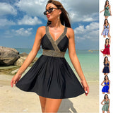 Women's V - Neck Printed Swimsuit Dress - Perfect for Summer Beach Vacations - Aqova